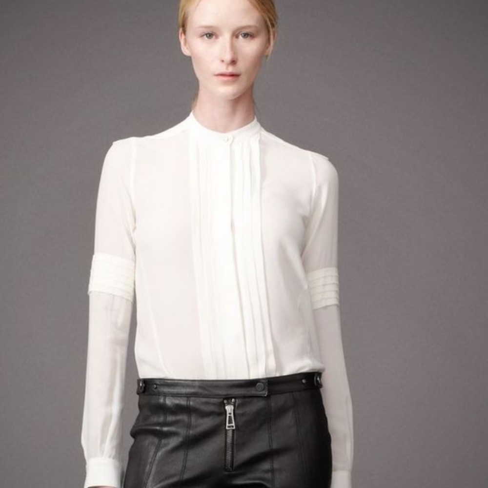 Belstaff Long Sleeve Pleated Silk Top MSRP $895 Cream